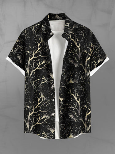 Gothic Plus Size Halloween Bat Tree Galaxy Star Print Buttons Pocket Shirt For Men