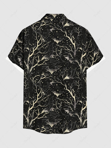 Gothic Plus Size Halloween Bat Tree Galaxy Star Print Buttons Pocket Shirt For Men