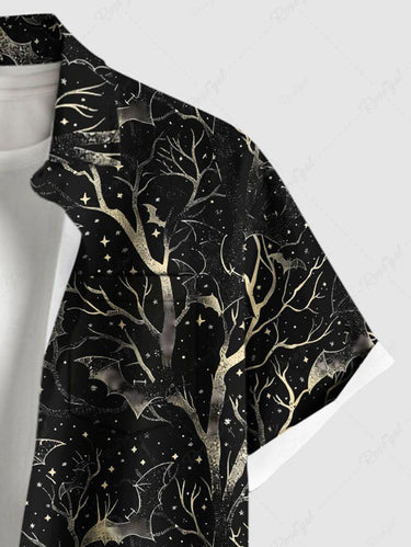 Gothic Plus Size Halloween Bat Tree Galaxy Star Print Buttons Pocket Shirt For Men