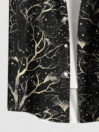 Gothic Plus Size Halloween Bat Tree Galaxy Star Print Buttons Pocket Shirt For Men