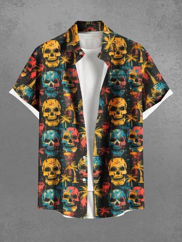 Gothic Plus Size Skulls Coconut Tree Print Buttons Pocket Hawaii Shirt For Men