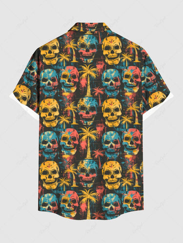 Gothic Plus Size Skulls Coconut Tree Print Buttons Pocket Hawaii Shirt For Men