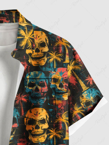 Gothic Plus Size Skulls Coconut Tree Print Buttons Pocket Hawaii Shirt For Men