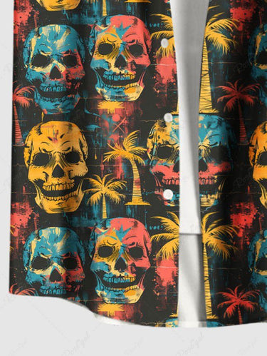 Gothic Plus Size Skulls Coconut Tree Print Buttons Pocket Hawaii Shirt For Men