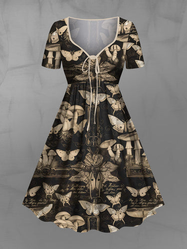 Gothic Plus Size Butterfly Mushroom Print Cinched Dress