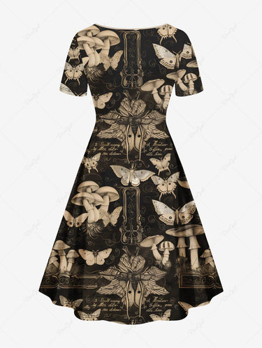 Gothic Plus Size Butterfly Mushroom Print Cinched Dress