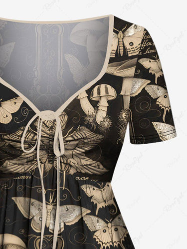Gothic Plus Size Butterfly Mushroom Print Cinched Dress