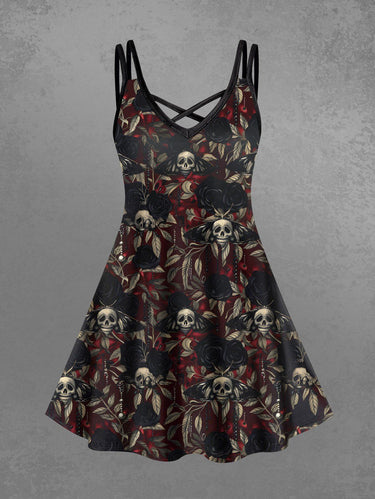Gothic Plus Size Skulls Rose Flowers Leaf Print Crisscross Cami Dress