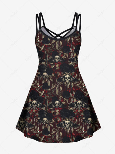 Gothic Plus Size Skulls Rose Flowers Leaf Print Crisscross Cami Dress