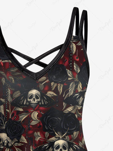Gothic Plus Size Skulls Rose Flowers Leaf Print Crisscross Cami Dress