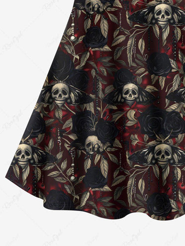 Gothic Plus Size Skulls Rose Flowers Leaf Print Crisscross Cami Dress