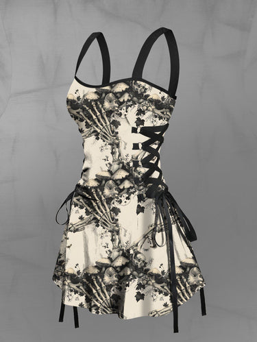 Gothic Skeleton Claw Mushroom Flowers Print Lace Up Tank Dress