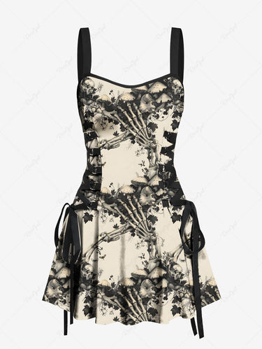 Gothic Skeleton Claw Mushroom Flowers Print Lace Up Tank Dress