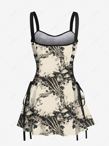 Gothic Skeleton Claw Mushroom Flowers Print Lace Up Tank Dress