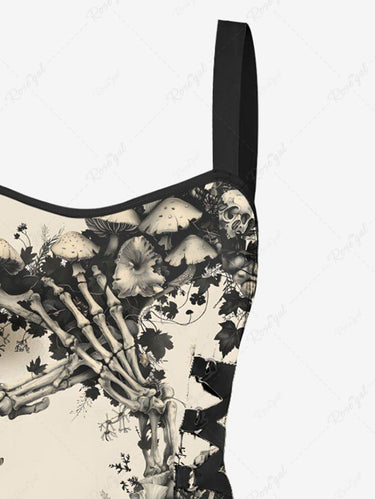 Gothic Skeleton Claw Mushroom Flowers Print Lace Up Tank Dress