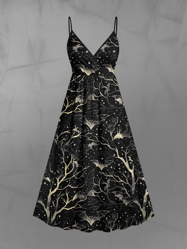 Gothic Plus Size Halloween Bat Tree Galaxy Star Print Surplice Cami Dress
