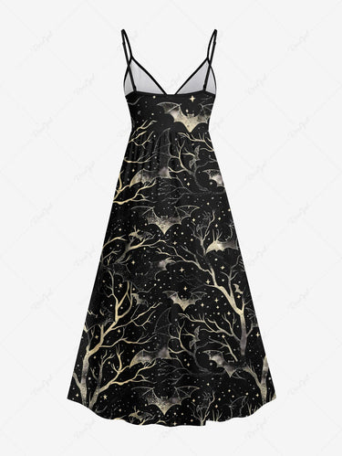 Gothic Plus Size Halloween Bat Tree Galaxy Star Print Surplice Cami Dress
