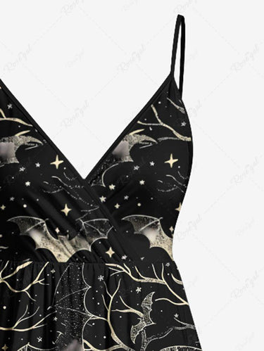 Gothic Plus Size Halloween Bat Tree Galaxy Star Print Surplice Cami Dress
