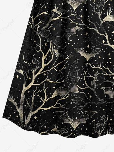 Gothic Plus Size Halloween Bat Tree Galaxy Star Print Surplice Cami Dress