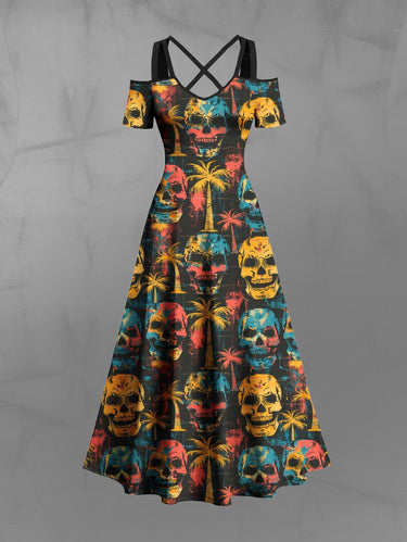 Gothic Plus Size Skulls Coconut Tree Print Cold Shoulder Crisscross Hawaii Maxi Dress