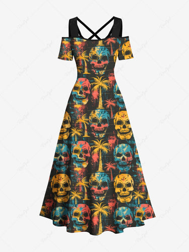 Gothic Plus Size Skulls Coconut Tree Print Cold Shoulder Crisscross Hawaii Maxi Dress