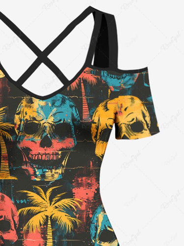 Gothic Plus Size Skulls Coconut Tree Print Cold Shoulder Crisscross Hawaii Maxi Dress