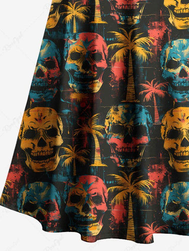 Gothic Plus Size Skulls Coconut Tree Print Cold Shoulder Crisscross Hawaii Maxi Dress