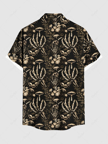 Gothic Plus Size Mushroom Skeleton Claw Flowers Print Buttons Pocket Shirt For Men