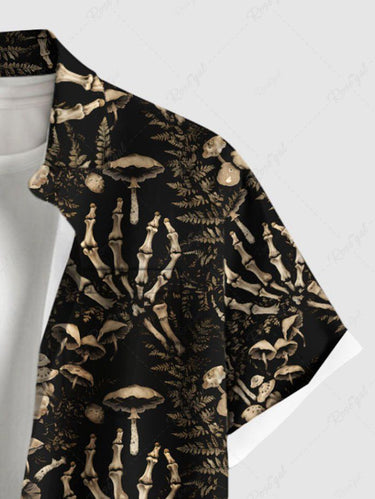 Gothic Plus Size Mushroom Skeleton Claw Flowers Print Buttons Pocket Shirt For Men