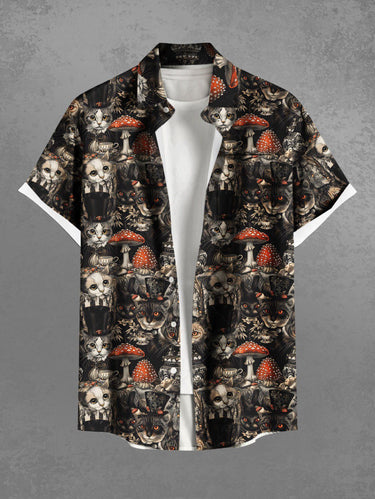 Gothic Plus Size Cats Mushroom Print Buttons Pocket Shirt For Men