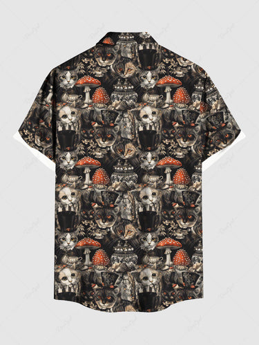 Gothic Plus Size Cats Mushroom Print Buttons Pocket Shirt For Men