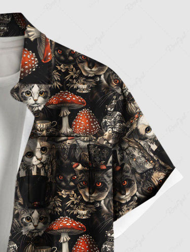 Gothic Plus Size Cats Mushroom Print Buttons Pocket Shirt For Men