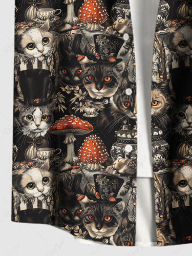 Gothic Plus Size Cats Mushroom Print Buttons Pocket Shirt For Men