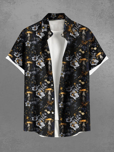 Gothic Plus Size Flowers Leaf Mushroom Print Buttons Pocket Shirt For Men