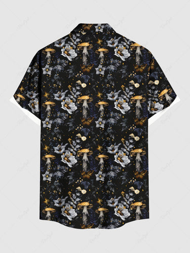 Gothic Plus Size Flowers Leaf Mushroom Print Buttons Pocket Shirt For Men