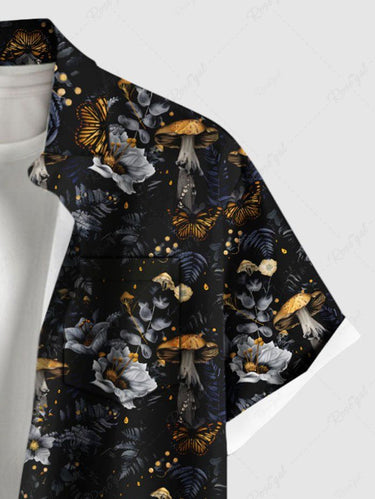 Gothic Plus Size Flowers Leaf Mushroom Print Buttons Pocket Shirt For Men