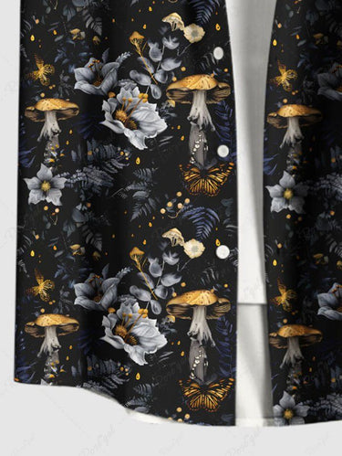 Gothic Plus Size Flowers Leaf Mushroom Print Buttons Pocket Shirt For Men
