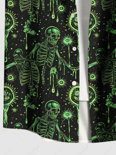 Gothic Plus Size Halloween Skeleton Skulls Light Glitter 3D Print Buttons Pocket Shirt For Men