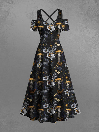 Gothic Plus Size Flowers Leaf Mushroom Print Cold Shoulder Crisscross Maxi Dress
