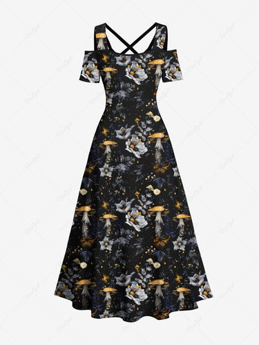Gothic Plus Size Flowers Leaf Mushroom Print Cold Shoulder Crisscross Maxi Dress