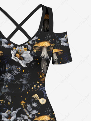Gothic Plus Size Flowers Leaf Mushroom Print Cold Shoulder Crisscross Maxi Dress