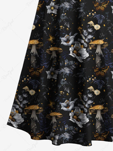 Gothic Plus Size Flowers Leaf Mushroom Print Cold Shoulder Crisscross Maxi Dress