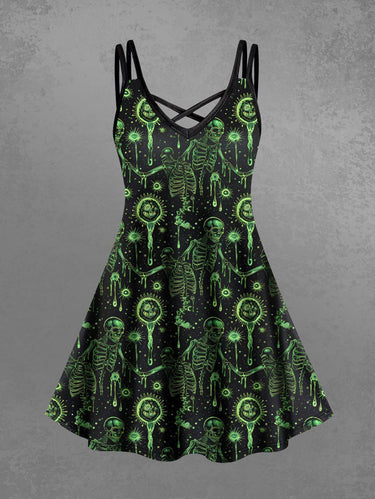 Gothic Plus Size Halloween Skeleton Skulls Light Glitter 3D Print Crisscross Cami Dress