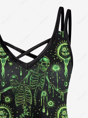Gothic Plus Size Halloween Skeleton Skulls Light Glitter 3D Print Crisscross Cami Dress