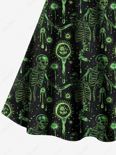 Gothic Plus Size Halloween Skeleton Skulls Light Glitter 3D Print Crisscross Cami Dress