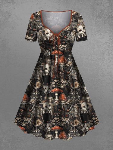 Gothic Plus Size Cats Mushroom Print Cinched Dress