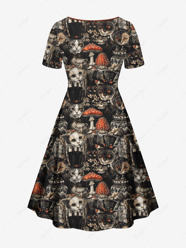Gothic Plus Size Cats Mushroom Print Cinched Dress