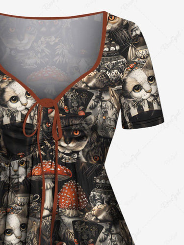 Gothic Plus Size Cats Mushroom Print Cinched Dress