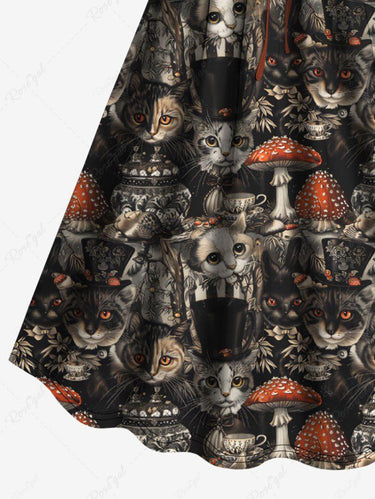 Gothic Plus Size Cats Mushroom Print Cinched Dress