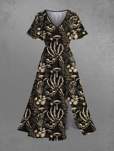 Gothic Plus Size Mushroom Skeleton Claw Flowers Print Split Midi Dress